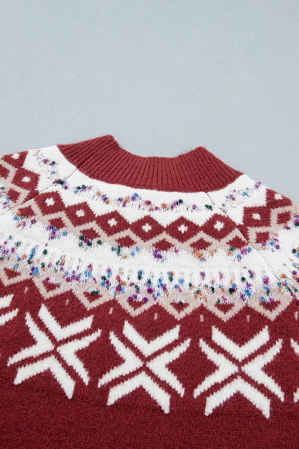 Burgundy Christmas geometric sweater, back neckline detail