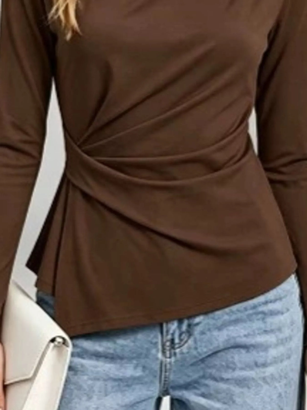 Women's Ruched Waist Long Sleeve T-Shirt in brown — waist detail view