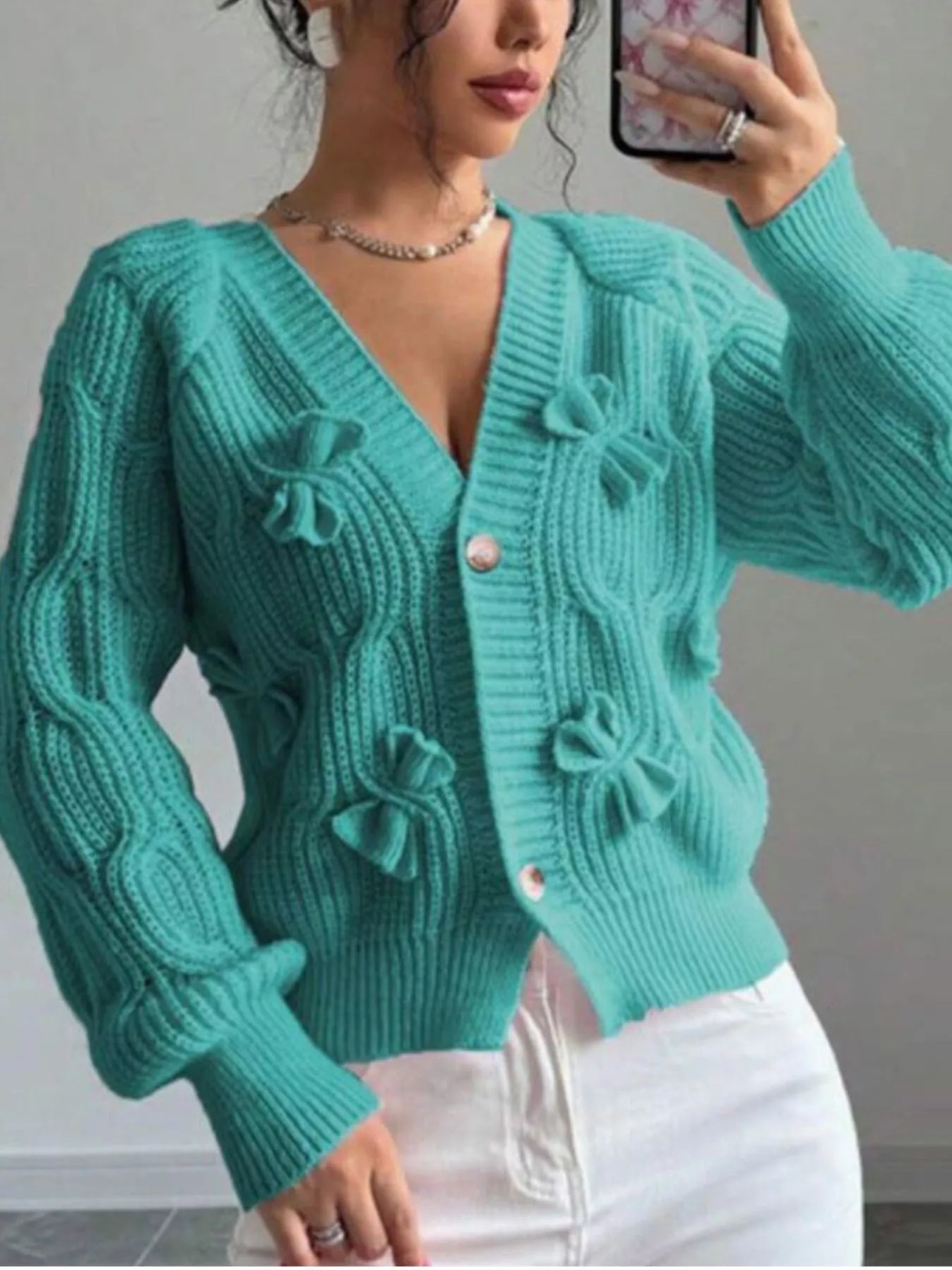 Trendsi Bow Cable Knit V-Neck Cardigan -