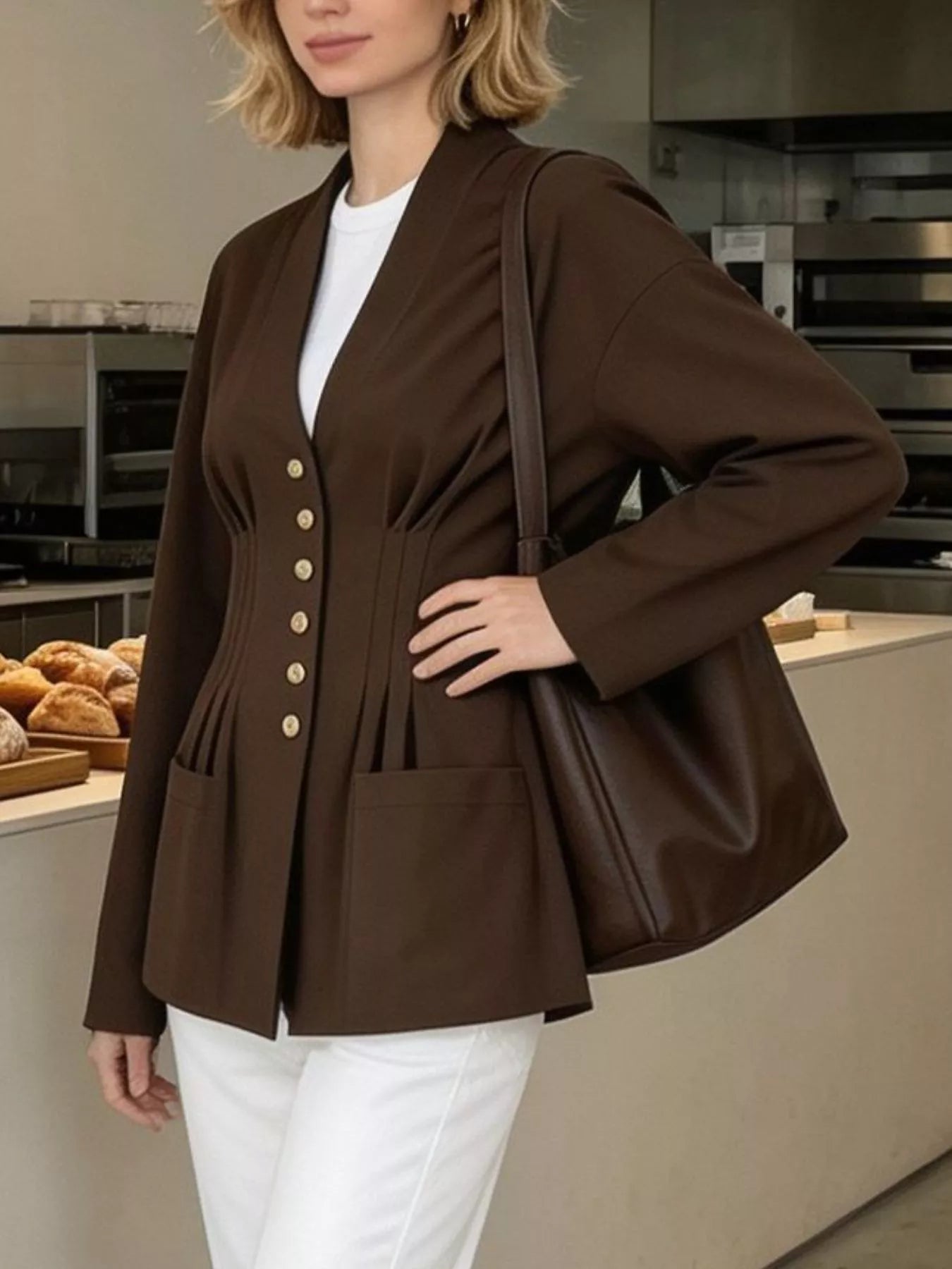 Trendsi Pleated Waist Blouse with Button Detail -