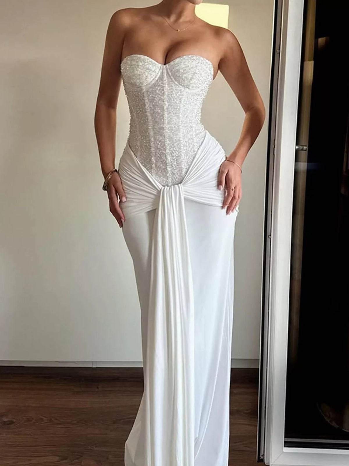 Strapless Sequin Corset Maxi Dress, front view