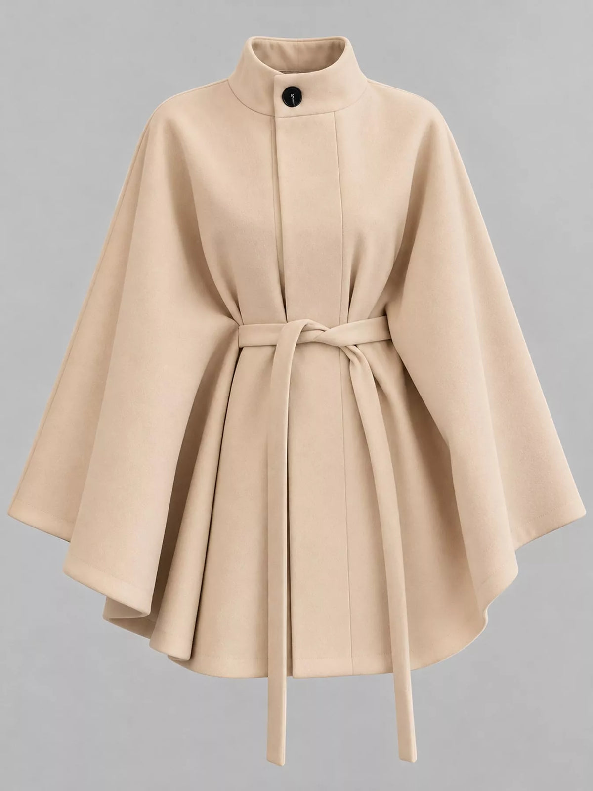 Beige tie-waist cape — front view