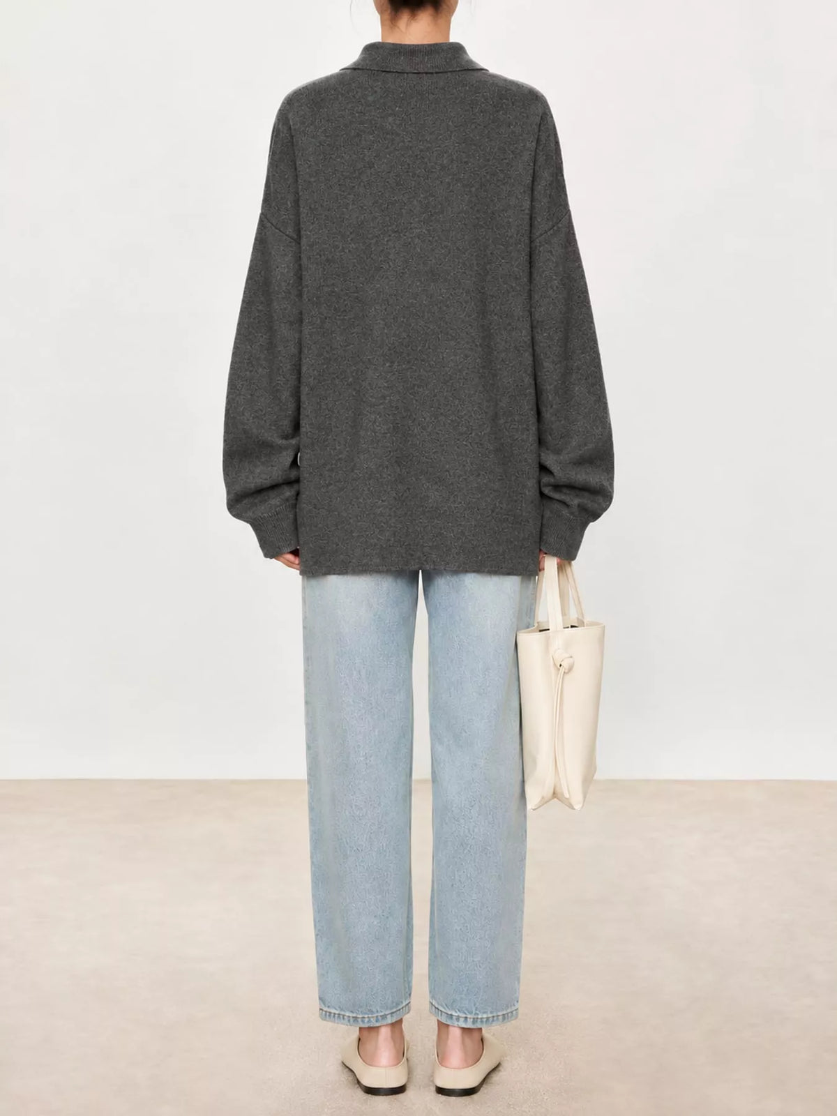 Dark Gray dropped shoulder polo collar sweater, back view