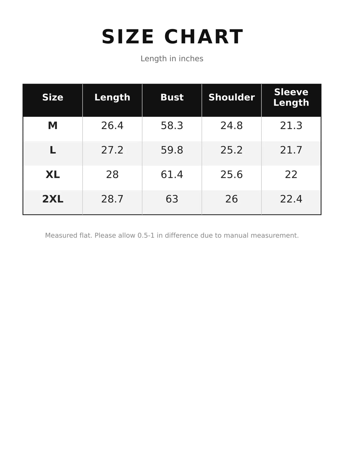 Size chart for oversized zip-up hoodie