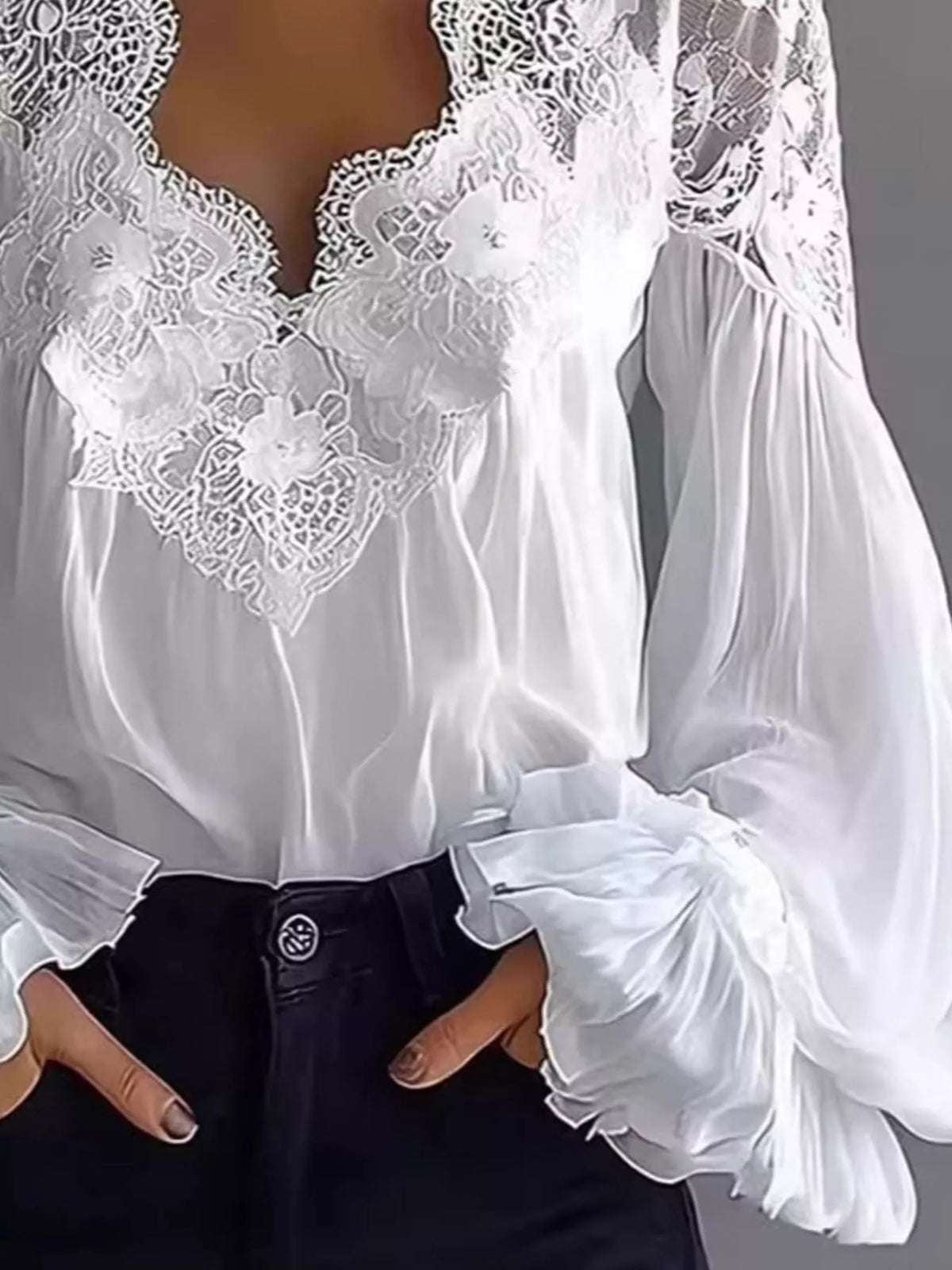 White lace V-neck flounce sleeve blouse, lace and cuff detail