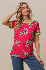 Trendsi BiBi Big Tiger Print Jersey Contrast Ringer Top - Shirts