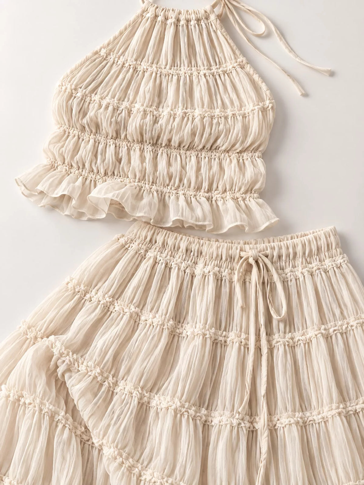 Halter top and skirt set, ivory ruffle and waist detail