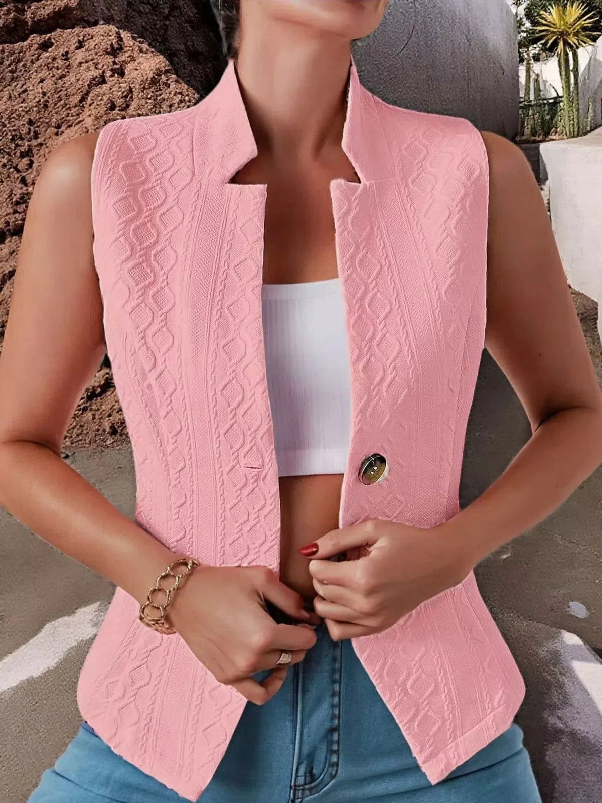 Textured Button-Down Vest in pink, front view
