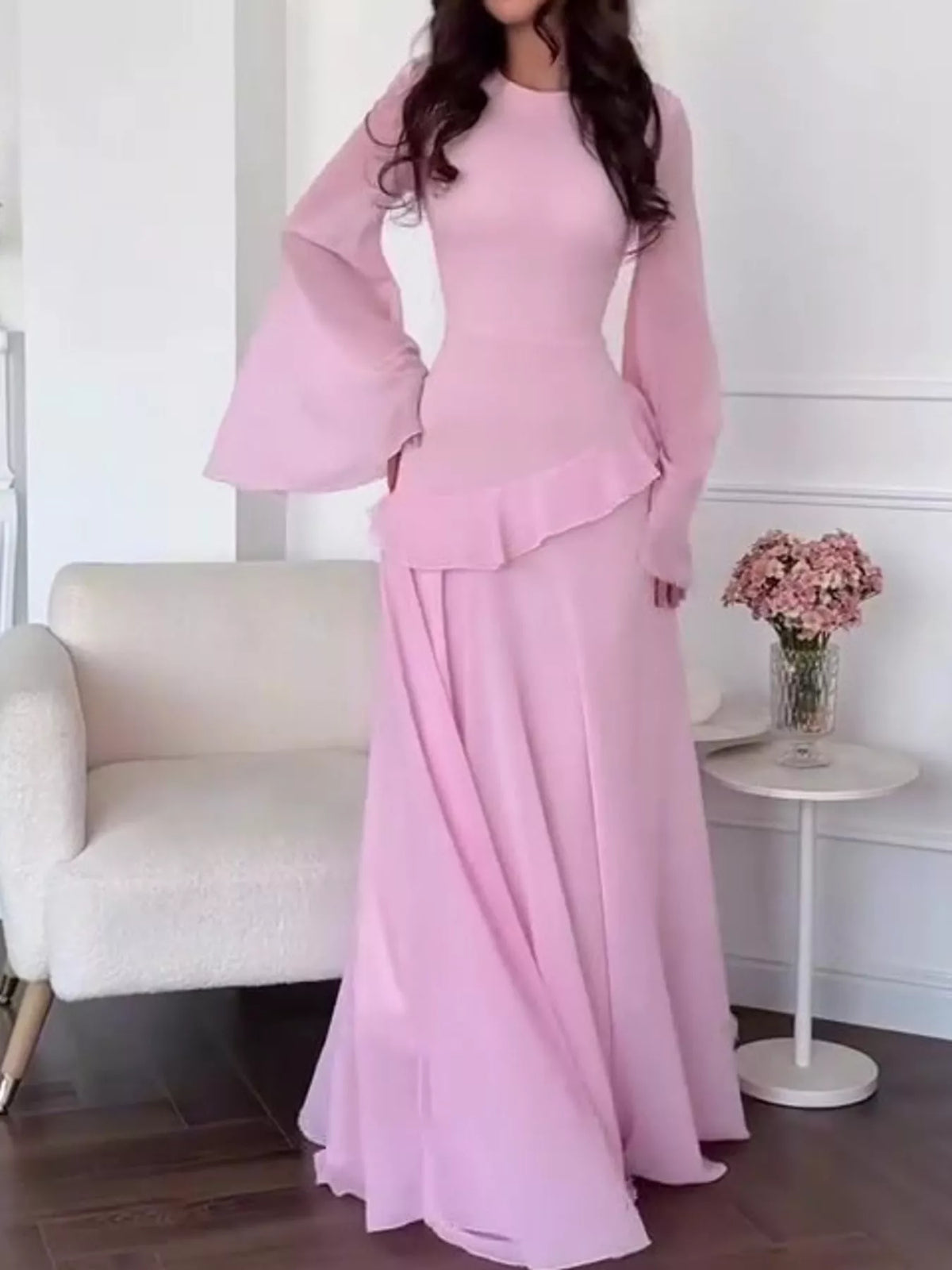 Pink ruffled flare sleeve maxi dress, front view