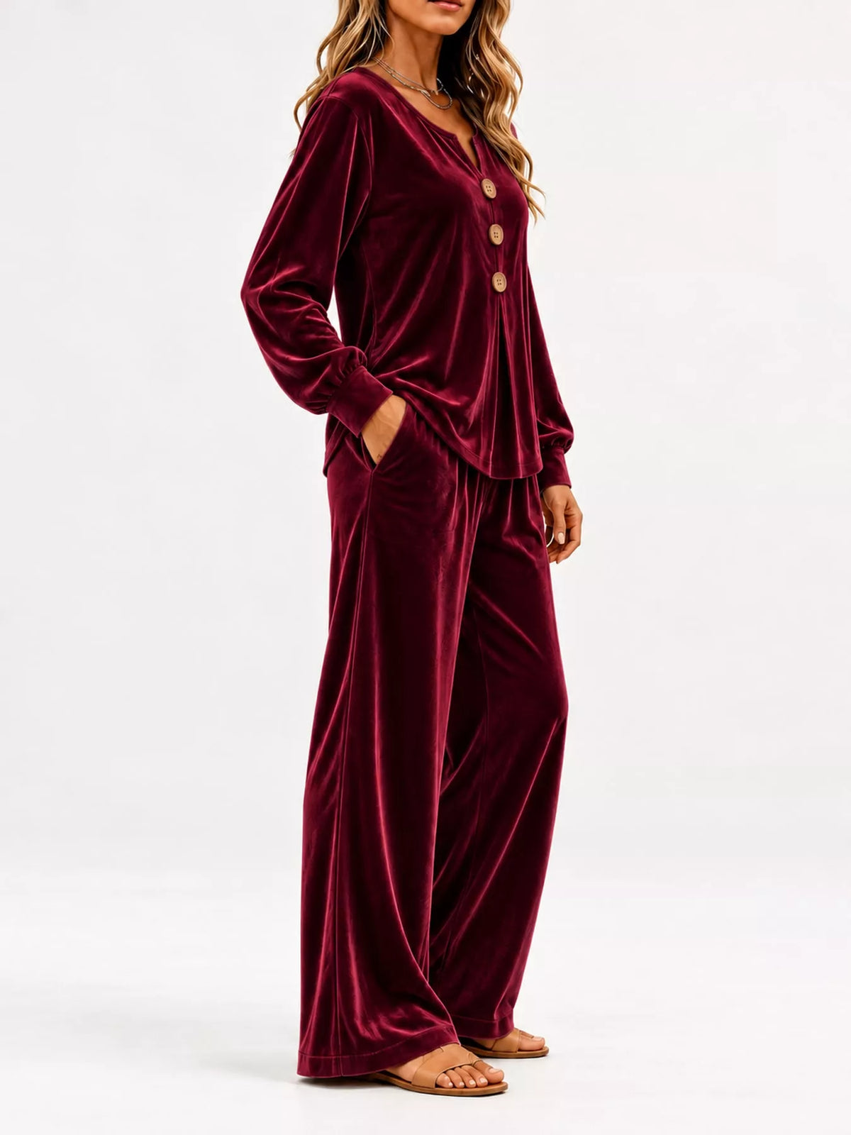 Burgundy decorative button top and pants set — side view