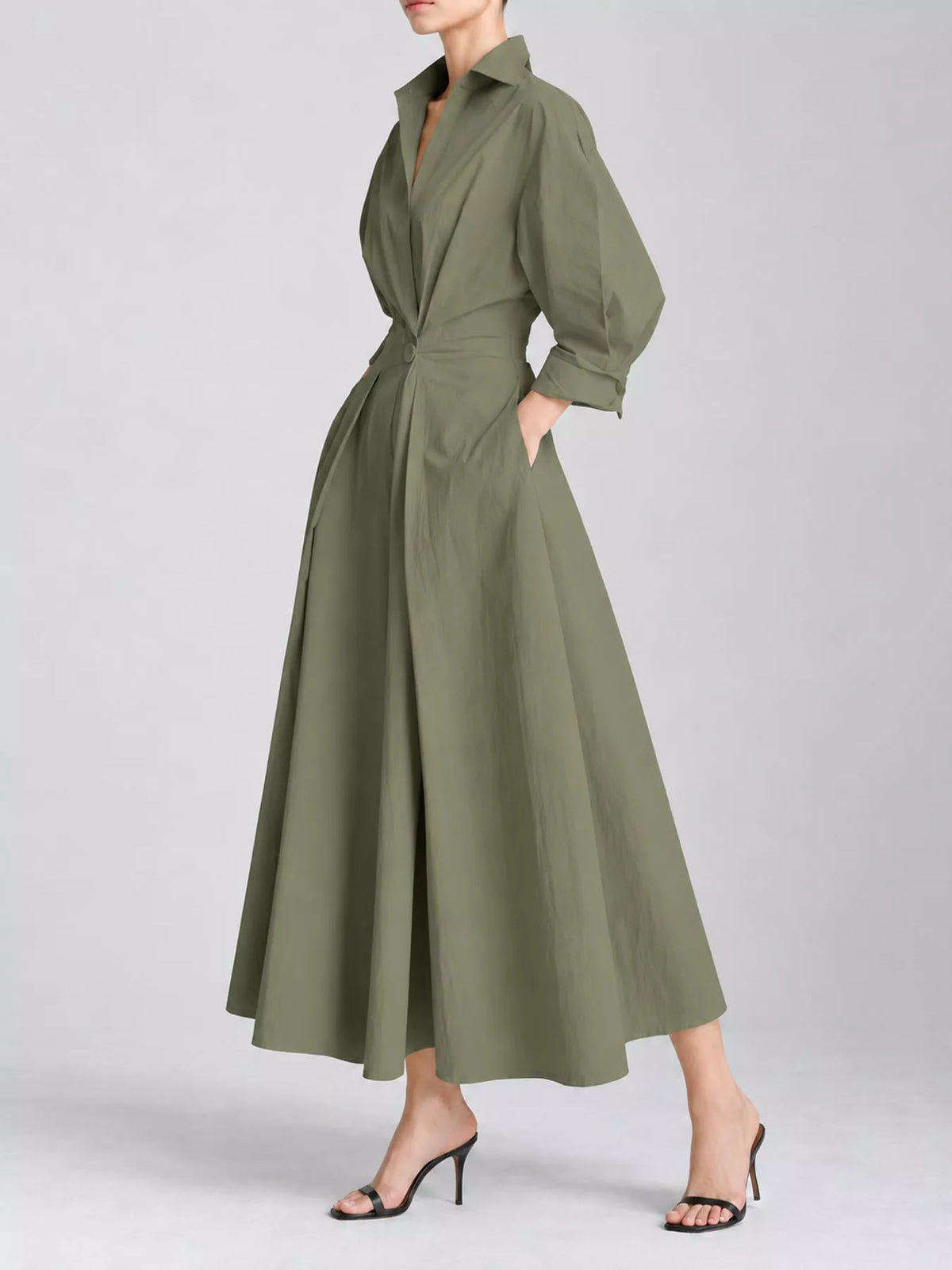 Collared Three-Quarter Sleeve Midi Shirt Dress — side view