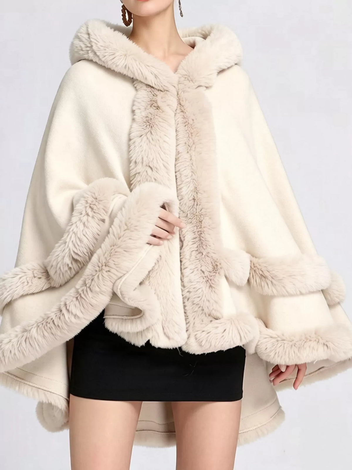 Faux-fur-trim cape, cream front