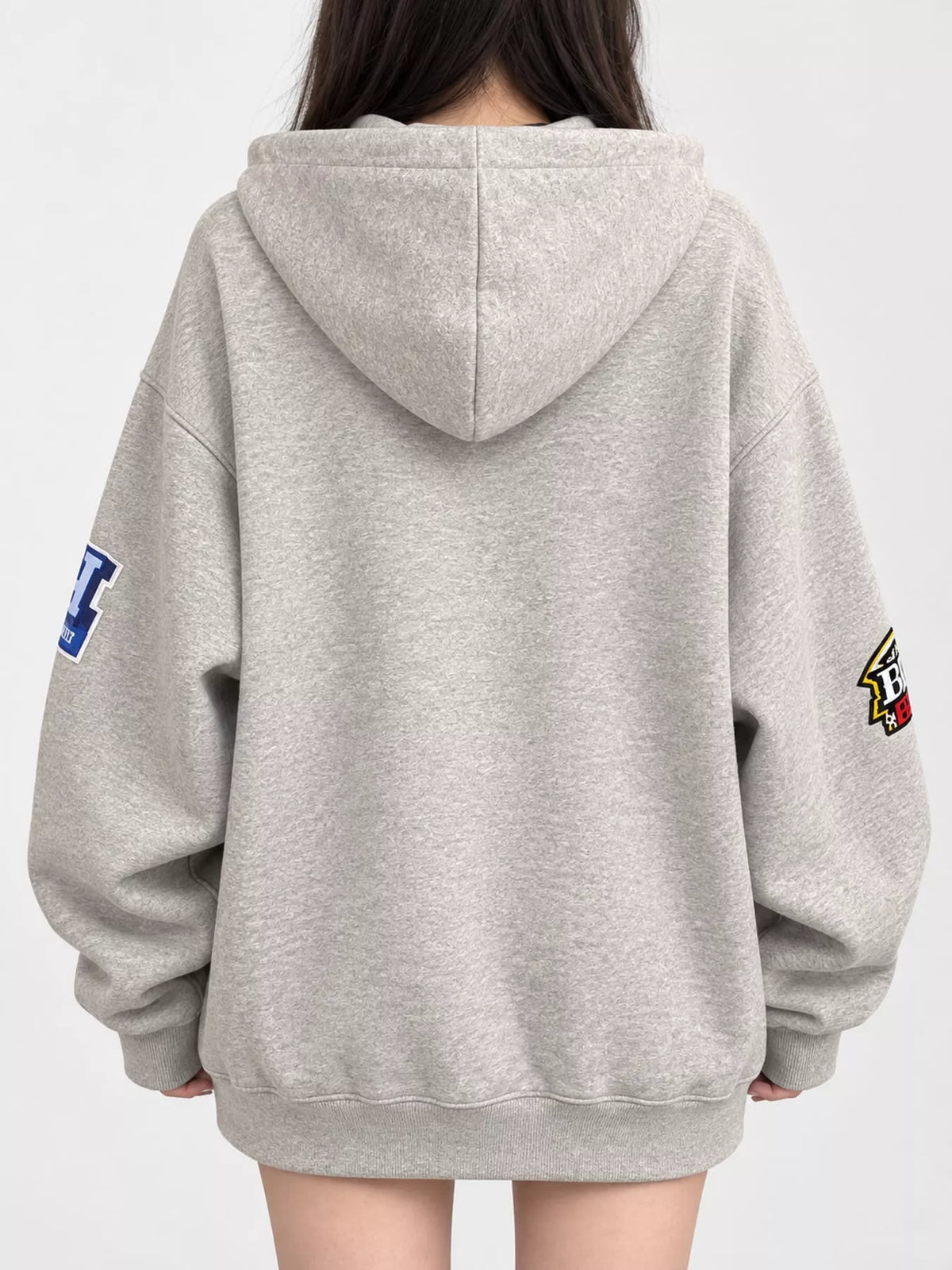 Drawstring Applique Hoodie in light heather gray, back view