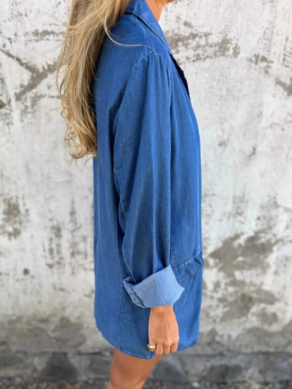 Lapel Collar Long Sleeve Denim Blazer in blue