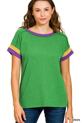 Trendsi Zenana Mardi Gras Raised Rib Contrast Trim Top -