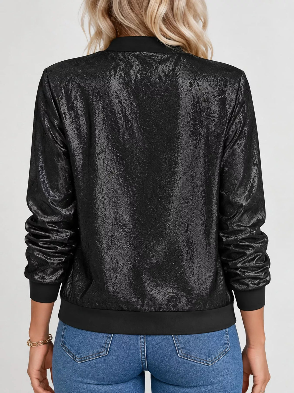 Zip-up bomber jacket, black metallic back