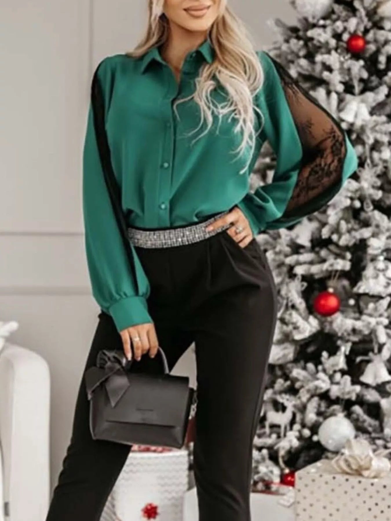 Trendsi Lace-Sleeve Button Up Shirt -