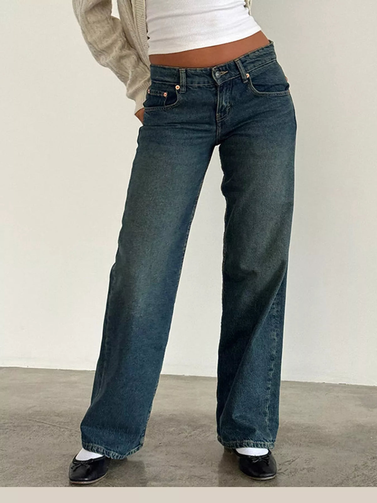 Vintage Wash Low-Rise Wide-Leg Jeans — front view