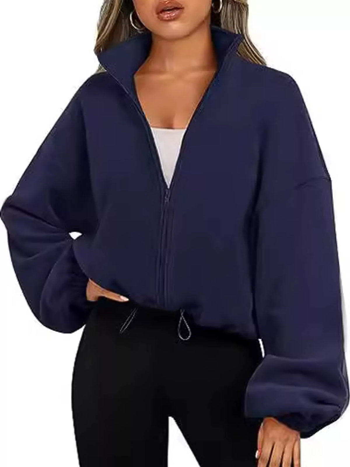 Navy drawstring hem zip-up jacket
