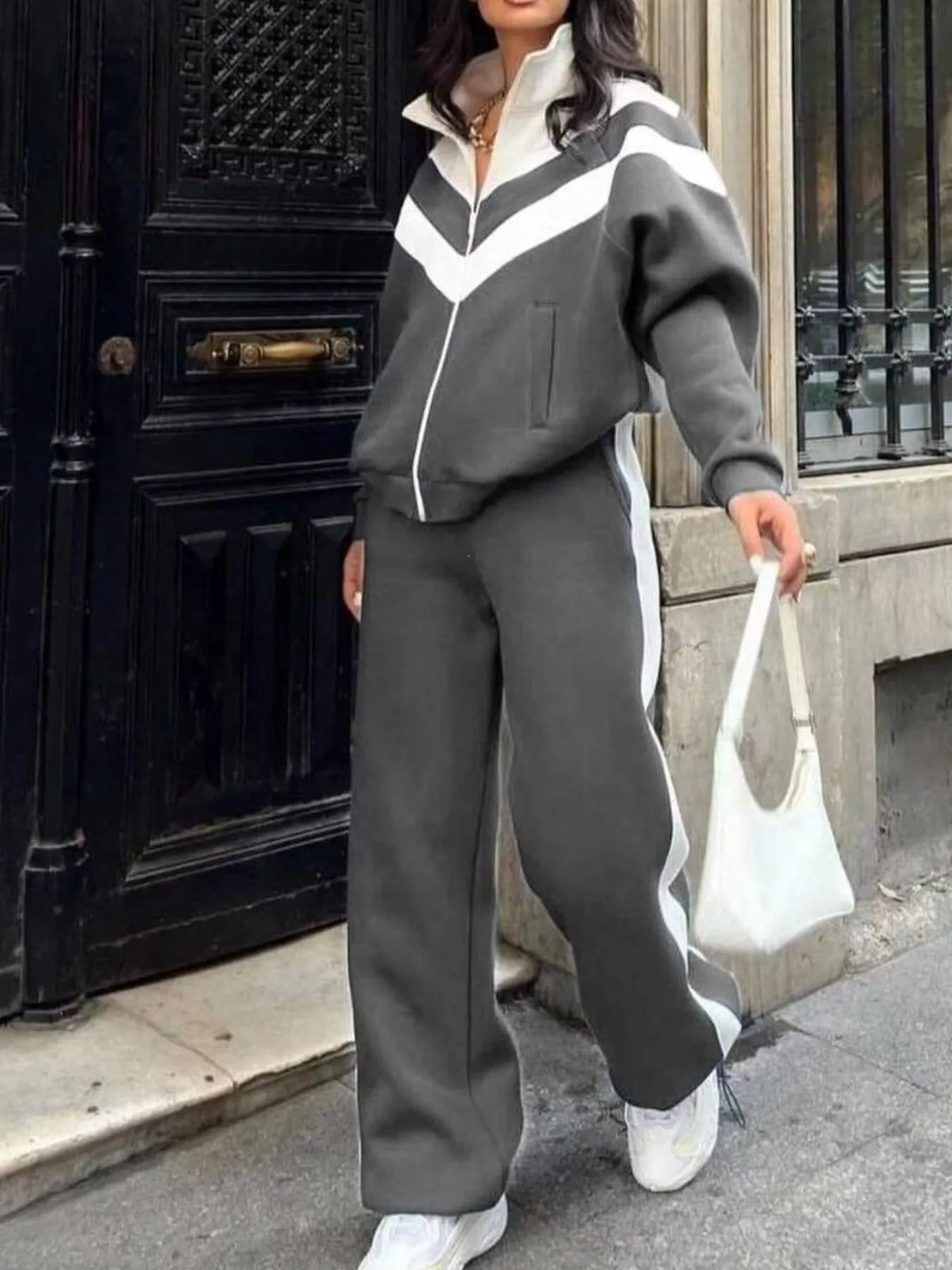 Trendsi Color Block Zip-Up Outerwear and Pants Set -