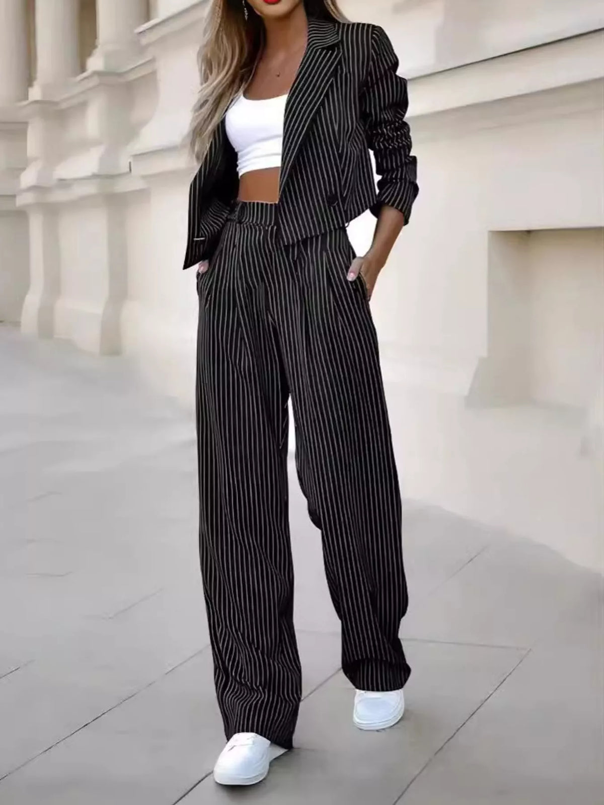 Striped cropped pantsuit, black striped suit front