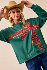 Trendsi BiBi Plaid Ribbon Bow Detail Christmas Fleece Pullover -