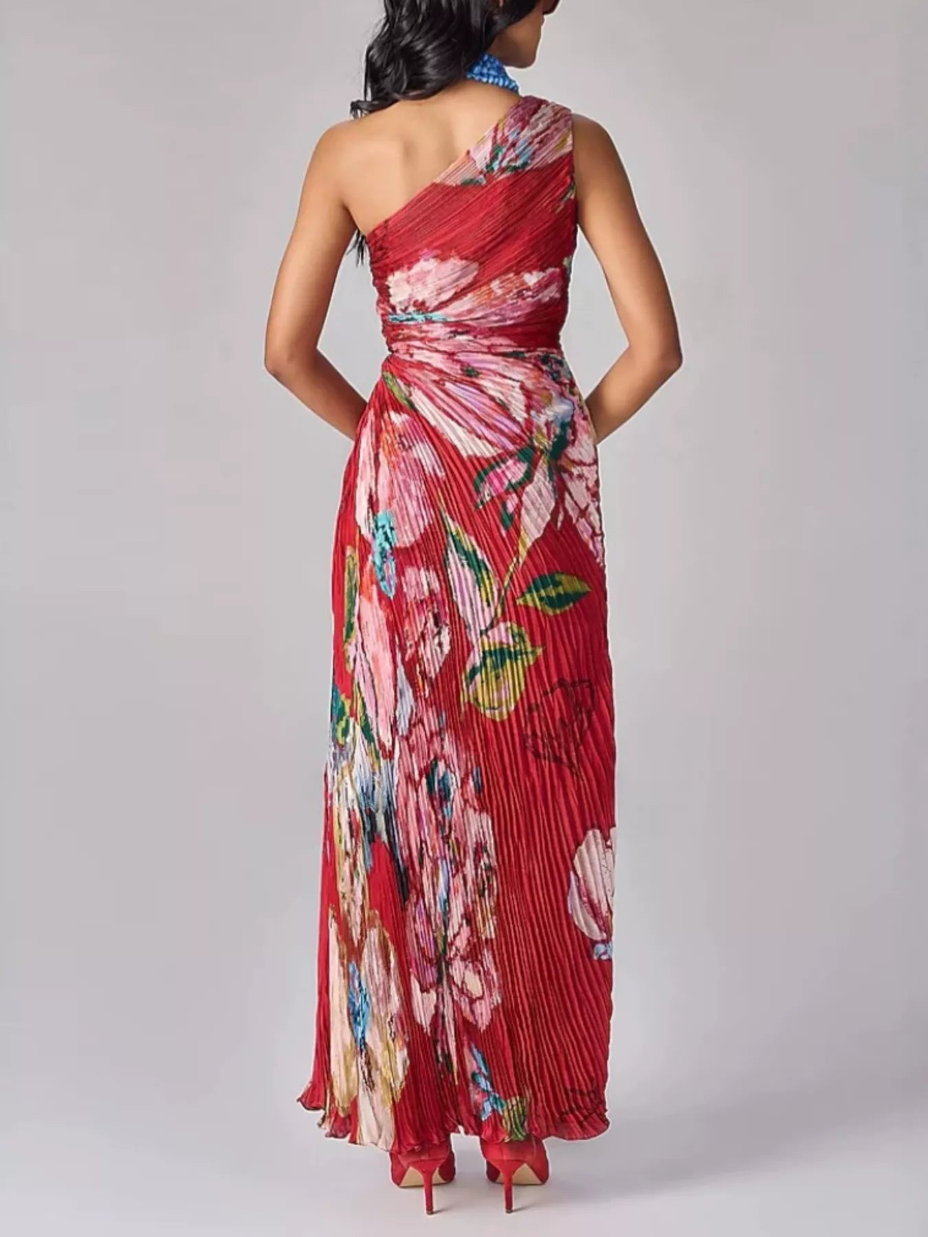 Trendsi One-Shoulder Pleated Floral Maxi Dress -