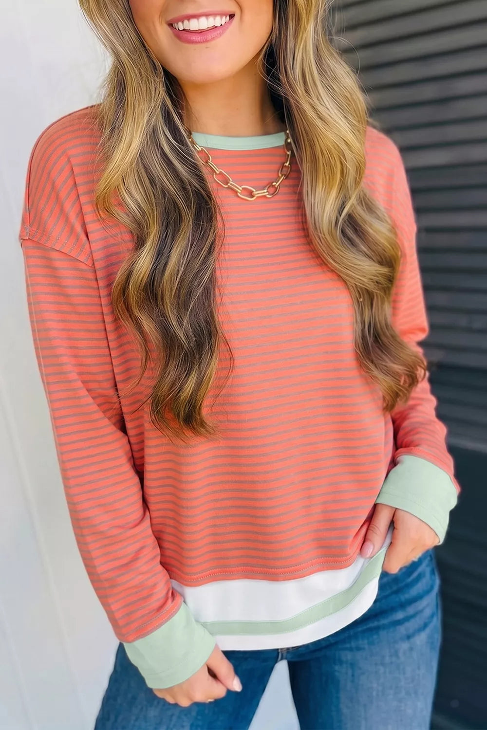 Trendsi Stripe Colorblock Detail Raw Seam Long Sleeve Tunic Top - Shirts