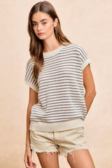 Trendsi BiBi Pointelle Stripes Sleeveless Drop Shoulder Lightweight Sweater Top -