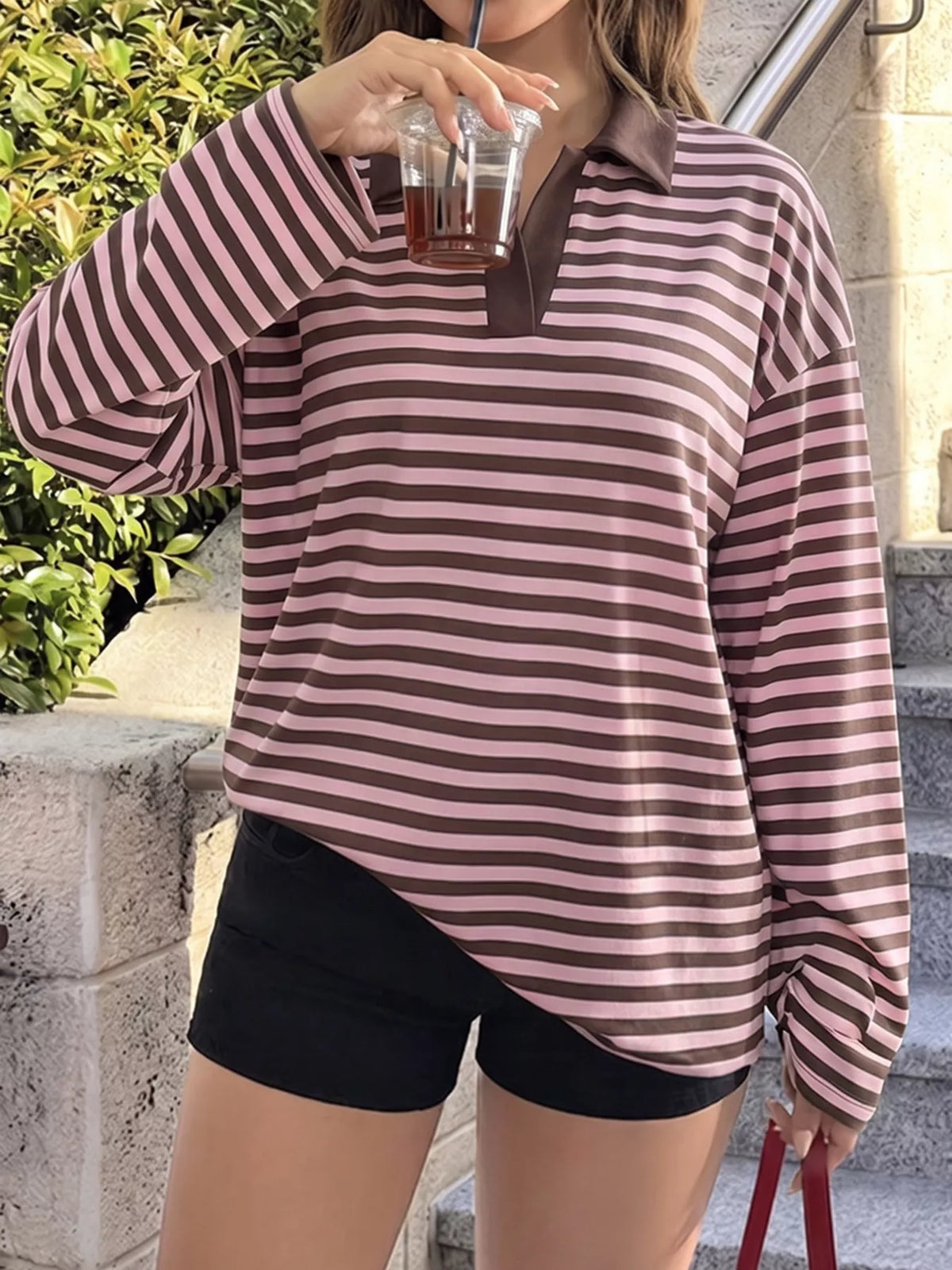 Striped Polo Collar Long Sleeve Top, front view