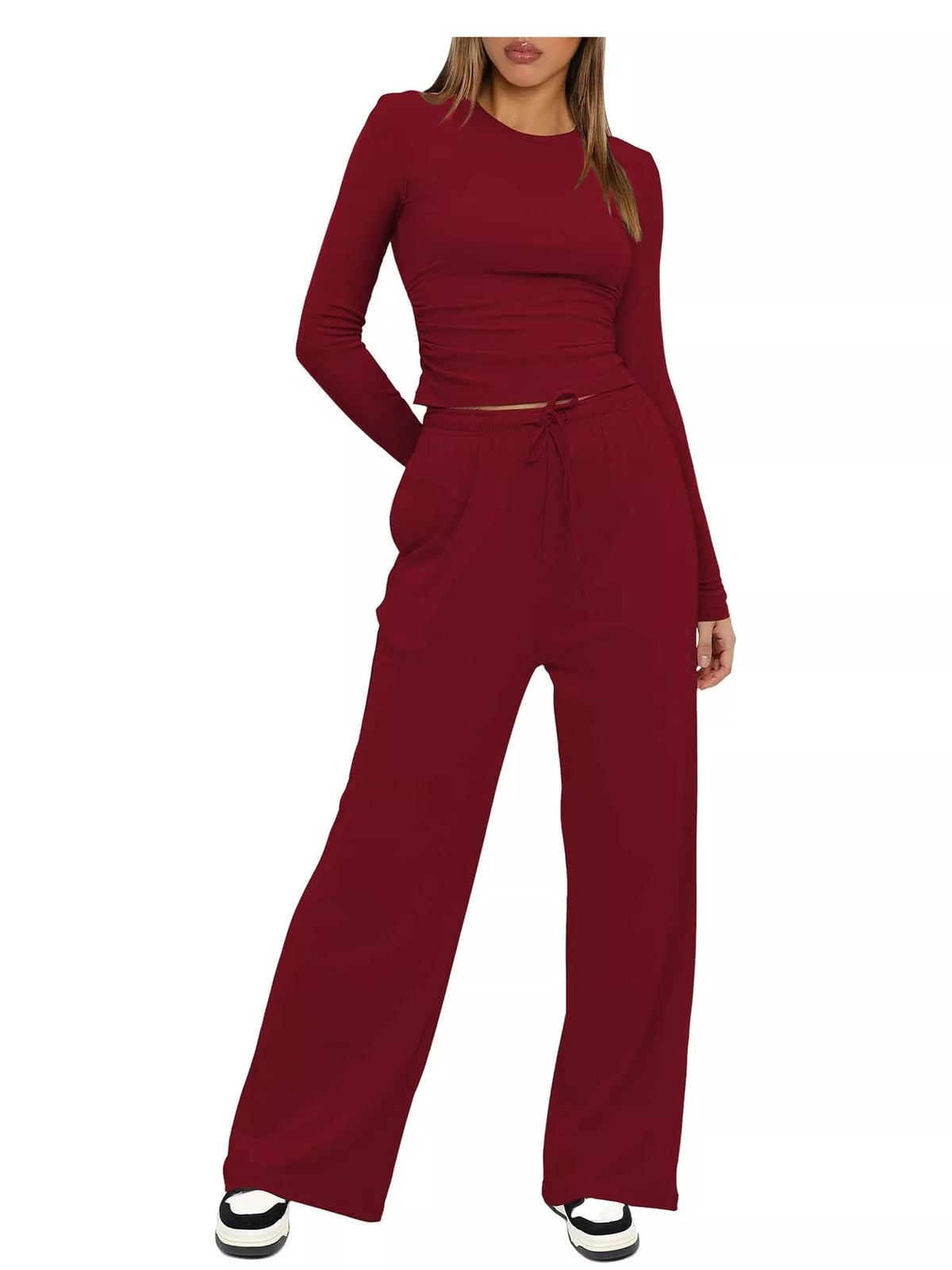 Long Sleeve Ruched Top and Wide-Leg Drawstring Pants Set — front view