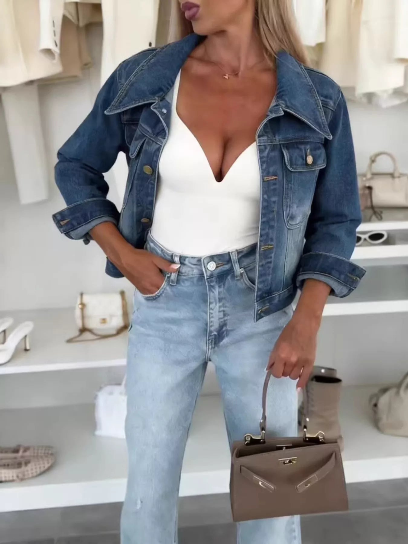 Trendsi Full Size Chic Cropped Denim Jacket Plus Size -