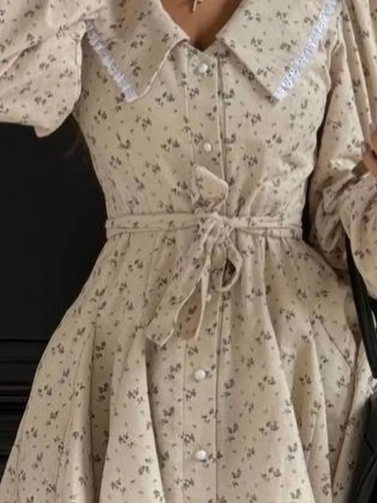 Beige Floral Puff-Sleeve Button-Front Midi Dress collar and tie-waist detail