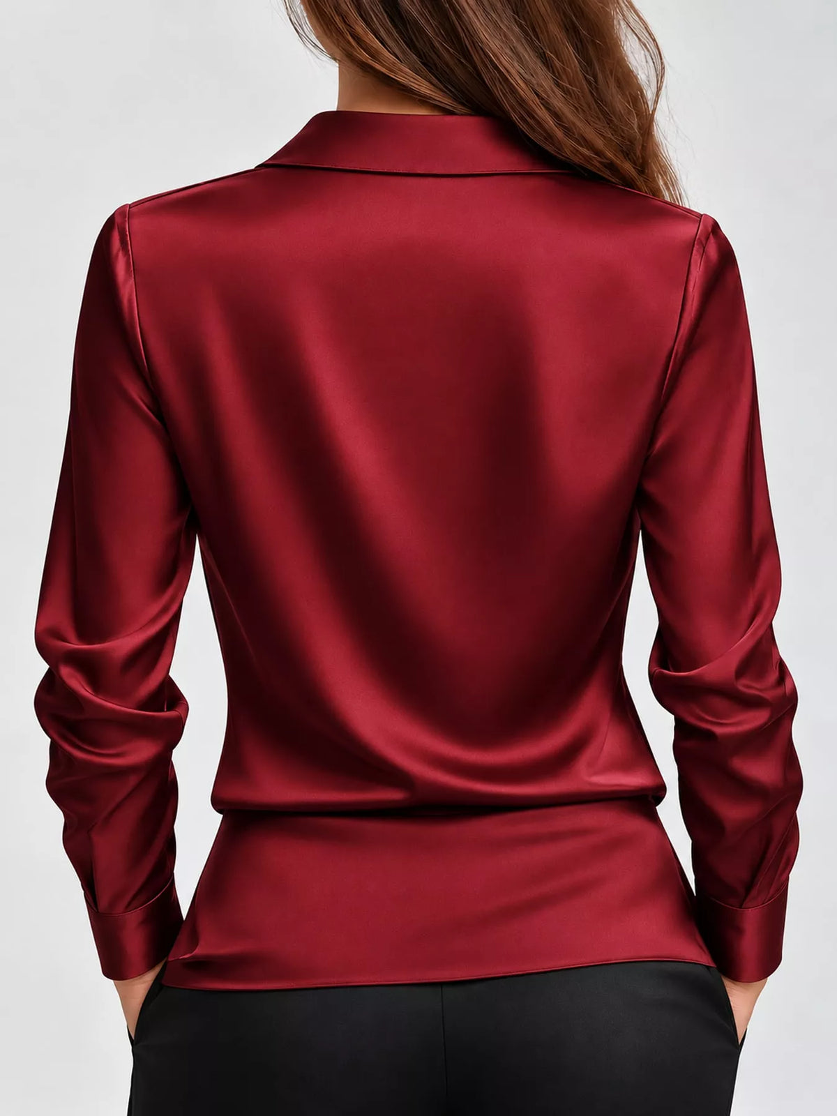 Burgundy satin cowl neck blouse, back view