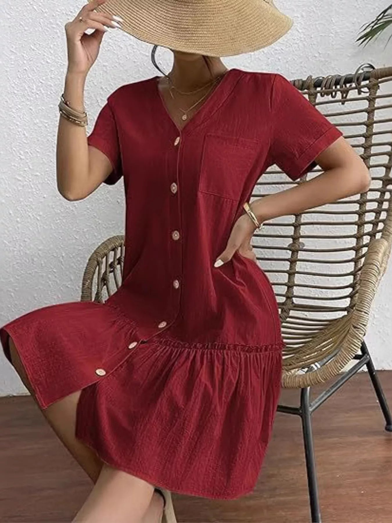 Trendsi Full Size Button-Down Ruffle Hem Mini Dress Plus Size -