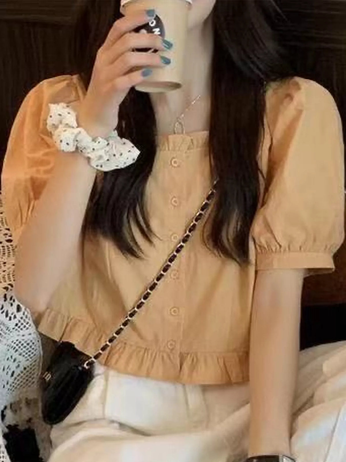 Ruffled Hem Button-Down Shirt — front view
