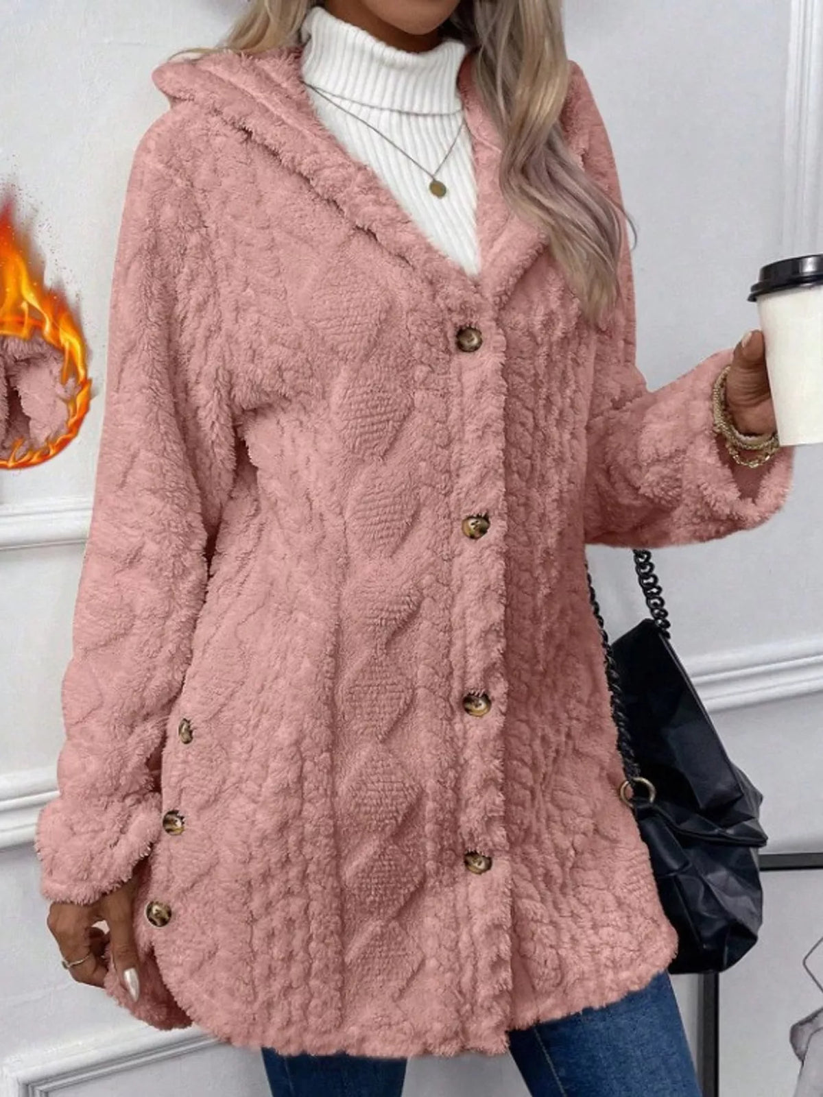 Gray cable knit faux fur hooded jacket