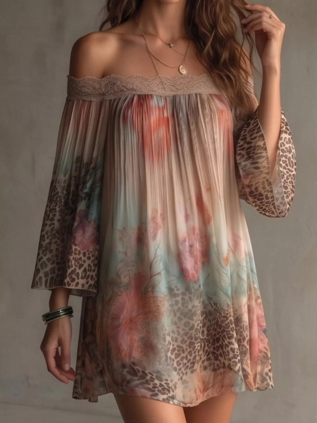 Trendsi Off-Shoulder Lace-Trimmed Floral and Leopard Print Mini Dress -