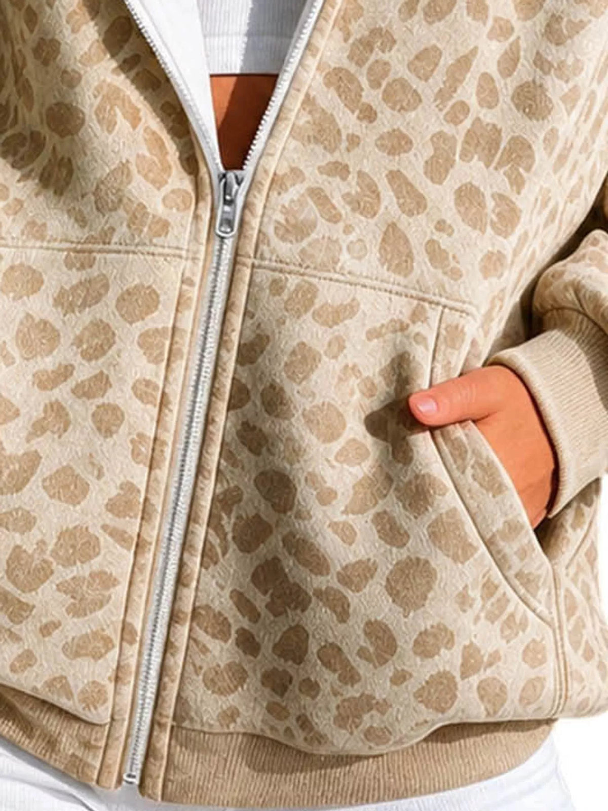 Women's Leopard Zip Up Hoodie in beige — pocket detail view