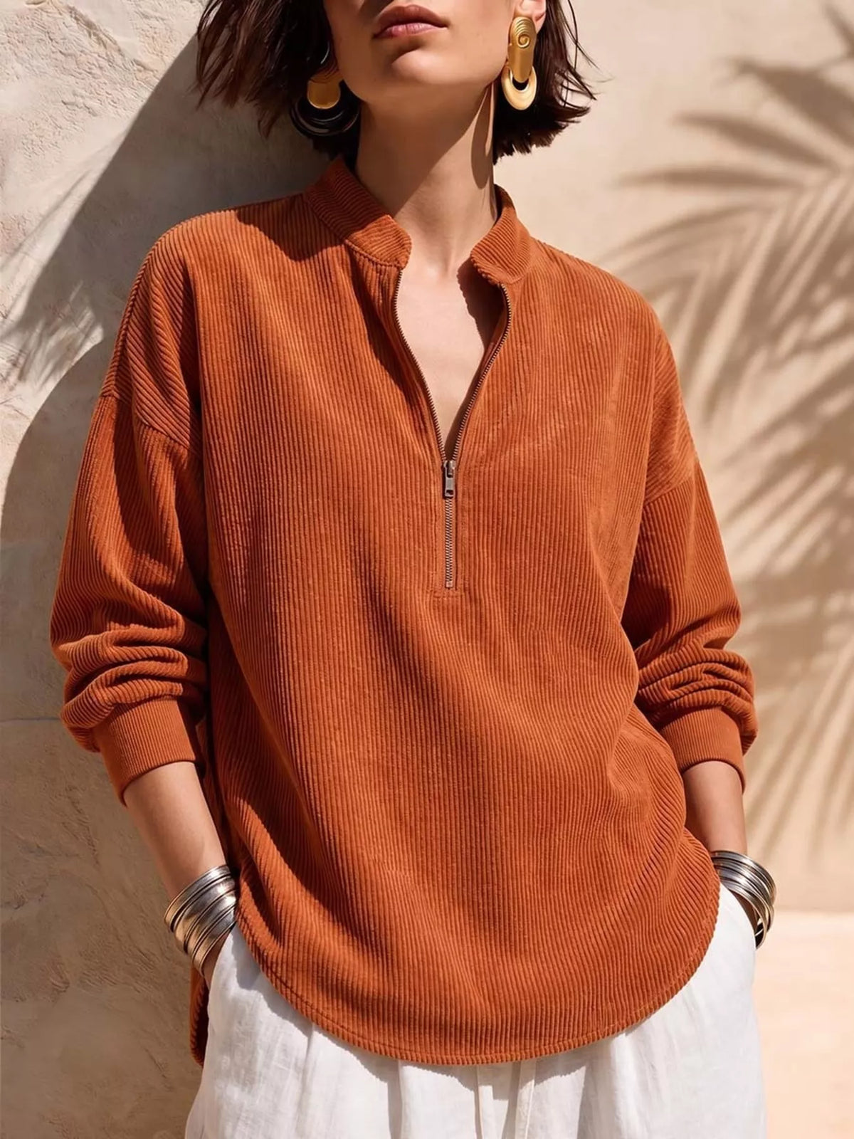 Trendsi Full Size Ribbed Half-Zip Corduroy Sweatshirt Plus Size -
