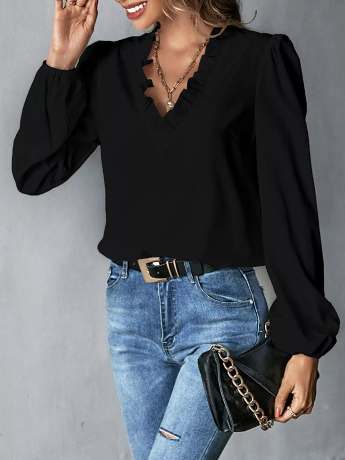 Ruffled trim v-neck blouse