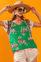 Trendsi BiBi Tiger Printed Jersey Block T-Shirt with Aztec Trim -