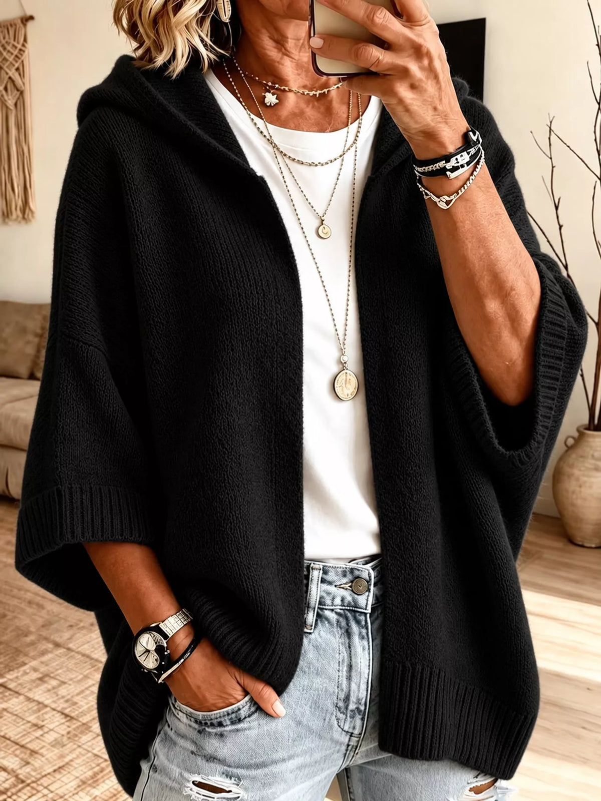 Hooded knit cardigan, black front
