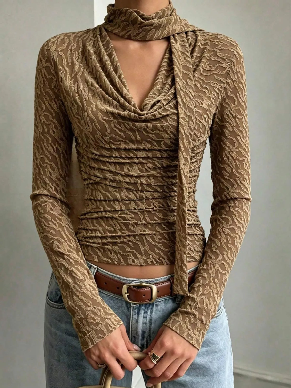 Women's Textured Cowl Neck Long Sleeve Blouse with Scarf Detail in brown — front view