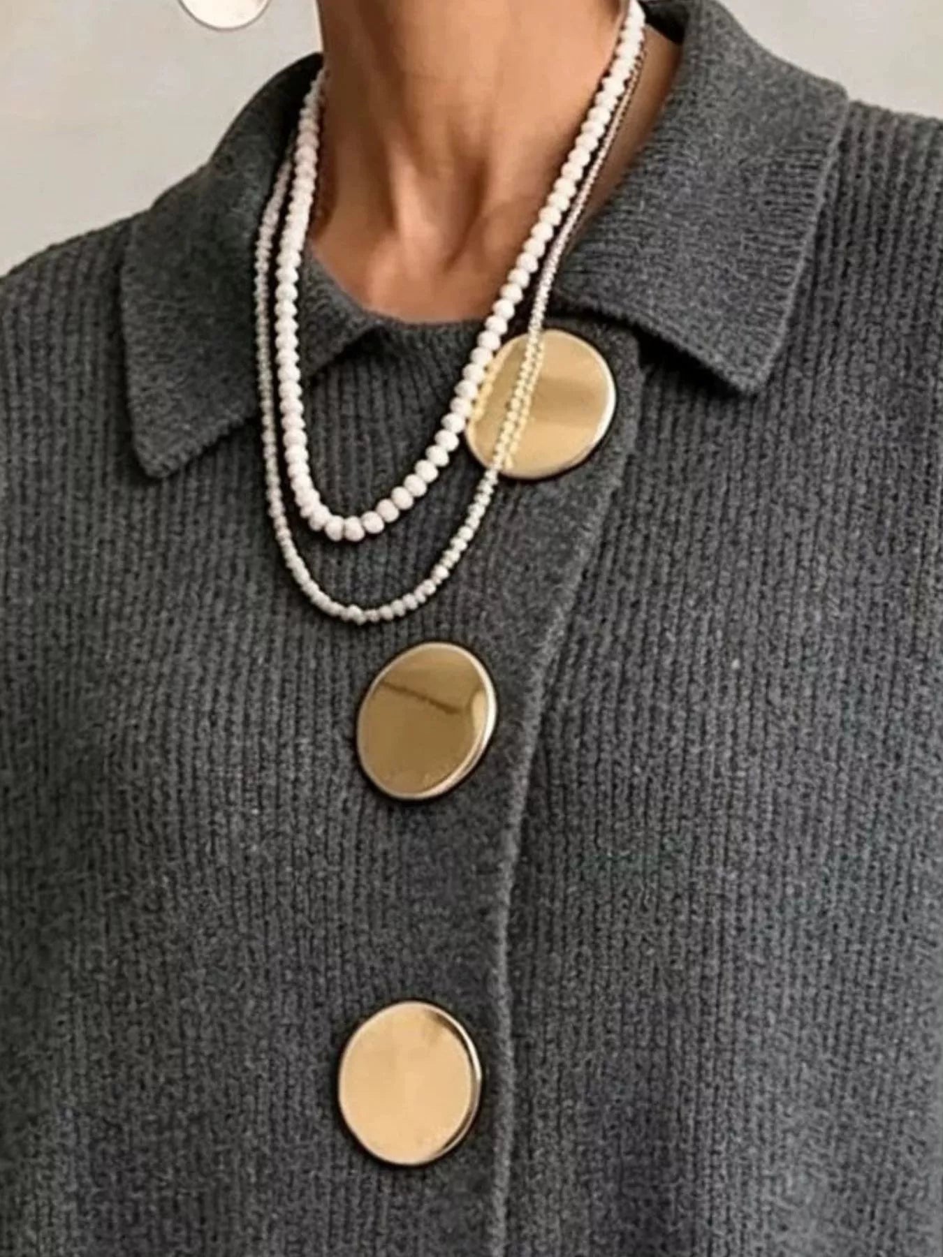 Trendsi Full Size Gold Buttons Lantern Sleeve Cardigan Plus Size -