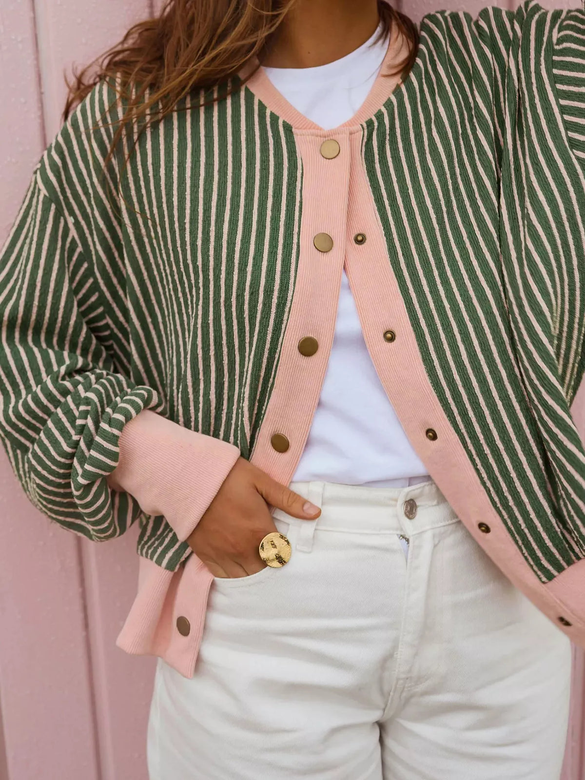 Green and pink striped striped round neck patchwork cardigan — design and construction details
