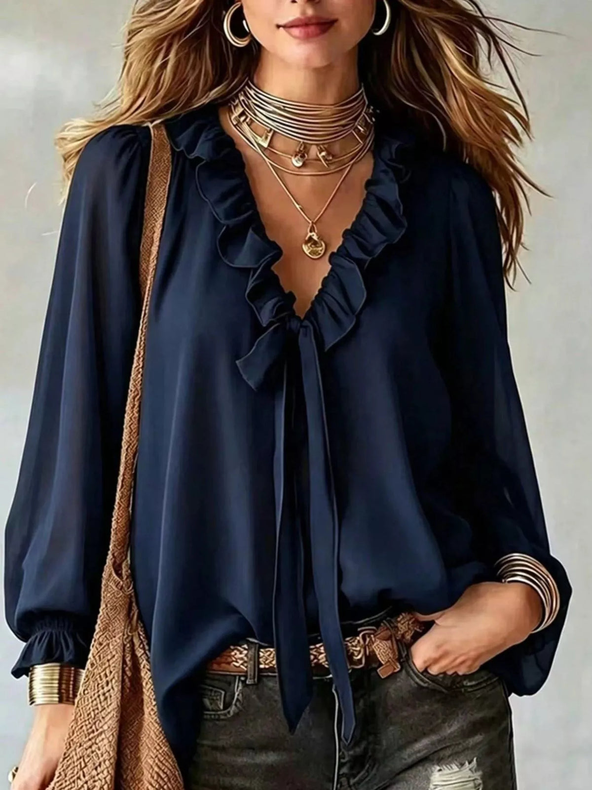 Dark Blue ruffled v-neck blouse with tie-front detail
