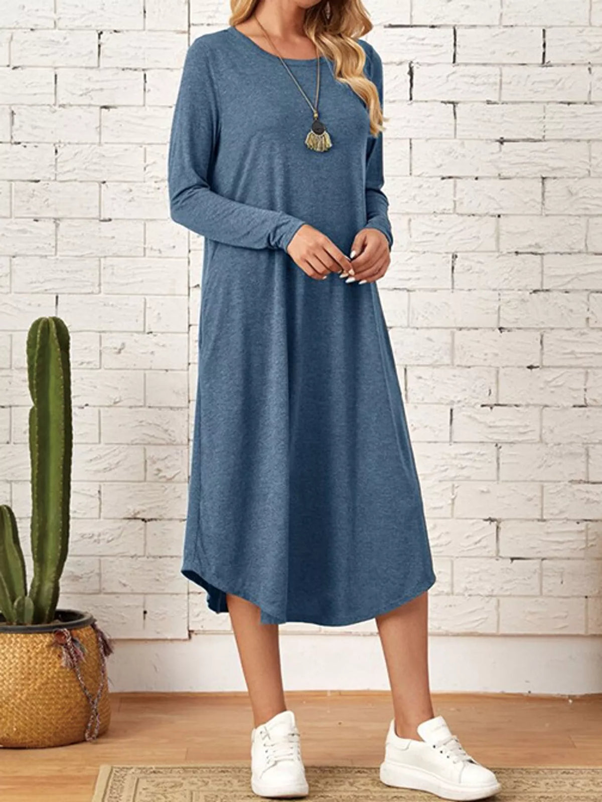 Round neck long sleeve midi dress, front view on model
