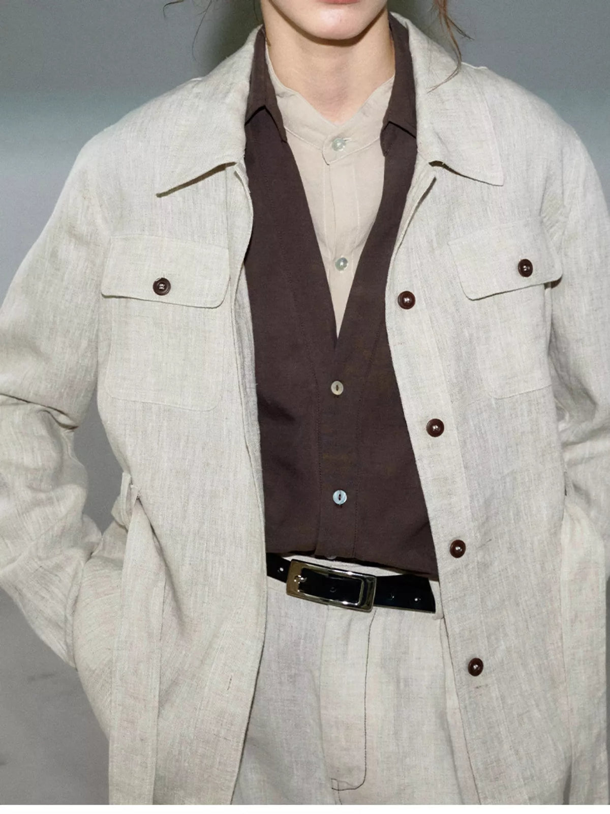 Belted shacket, beige chest pockets