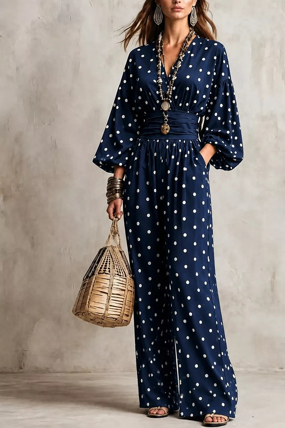 Women's Polka Dot Wide-Leg Jumpsuit in Navy, alternate view